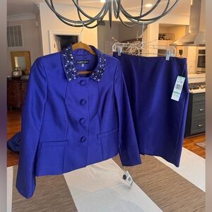 Albert Nipon purple/royal blue Skirt Suit with beaded collar size 8NWT